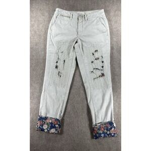 Anthropologie Chino Relaxed Patchwork Pants Floral Cuff Stitch Detail‎ Size 28